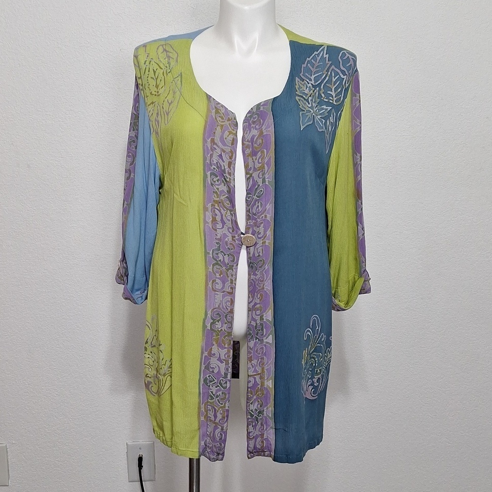 Soft Surroundings Green Blue Boho Retro Floral One Button Kimono Jacket Size L